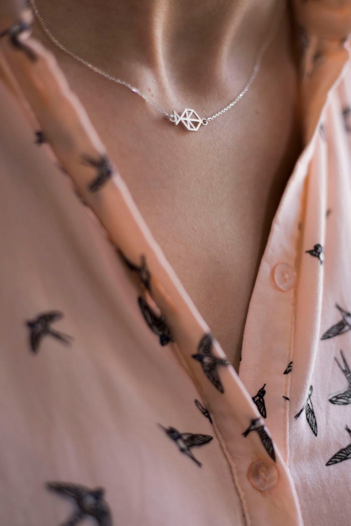 SILVER necklace. Tiny Minimal handmade FISH necklace. Sterling Silver 925. Natural and geometric jewelry.