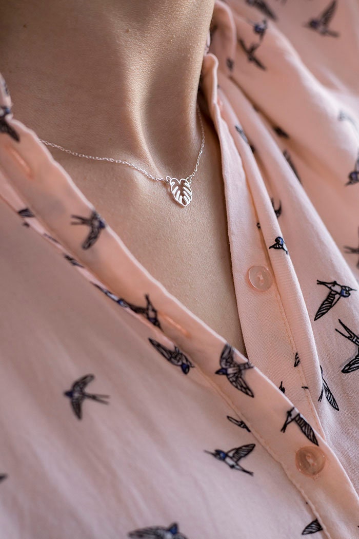 SILVER necklace. Tiny MONSTERA. Sterling Silver 925. Delicate and elegant piece perfect for gifts.