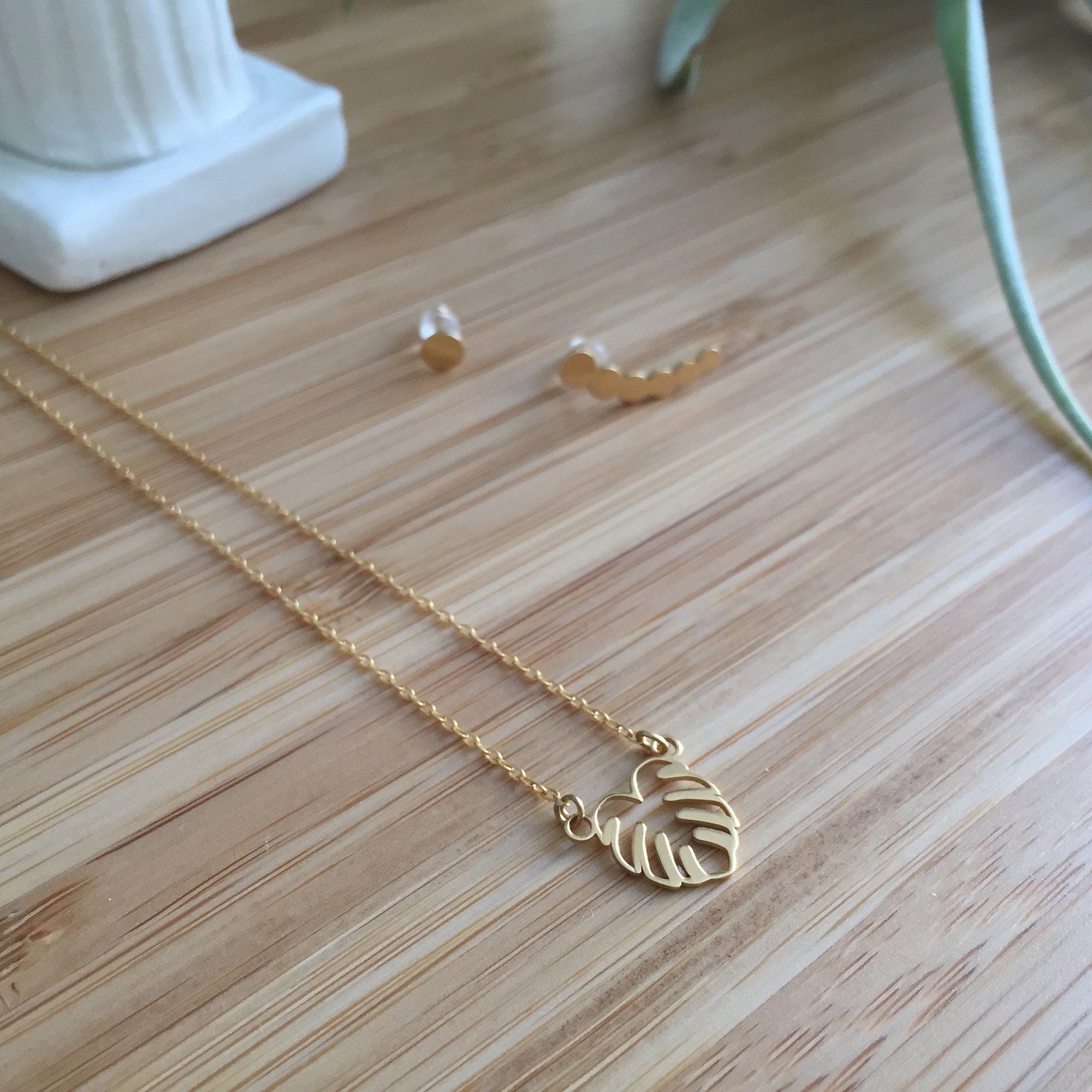 GOLD. Tiny MONSTERA. Gold plated Silver. Small plant leaf pendant. Monstera or Adams Rib piece.