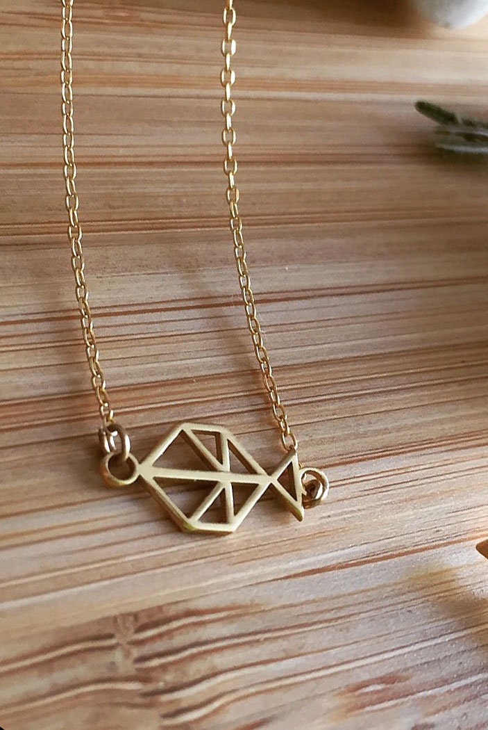 GOLD. Tiny Minimal handmade FISH necklace. Gold plated Silver. Small fish pendant.