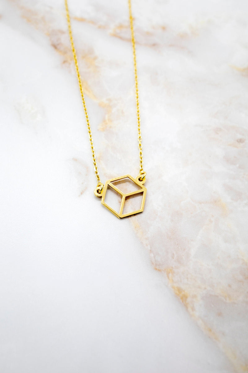 GOLDPLATED Small MICROCUBE pendant. Tiny Silver necklace. Goldplated silver 24k. A delicate and elegant piece.